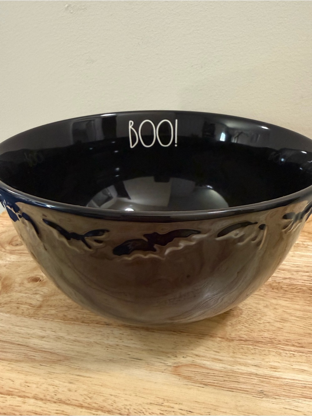 Rae Dunn Black Ceramic 'Boo!' Mixing Bowl with Bat Accents